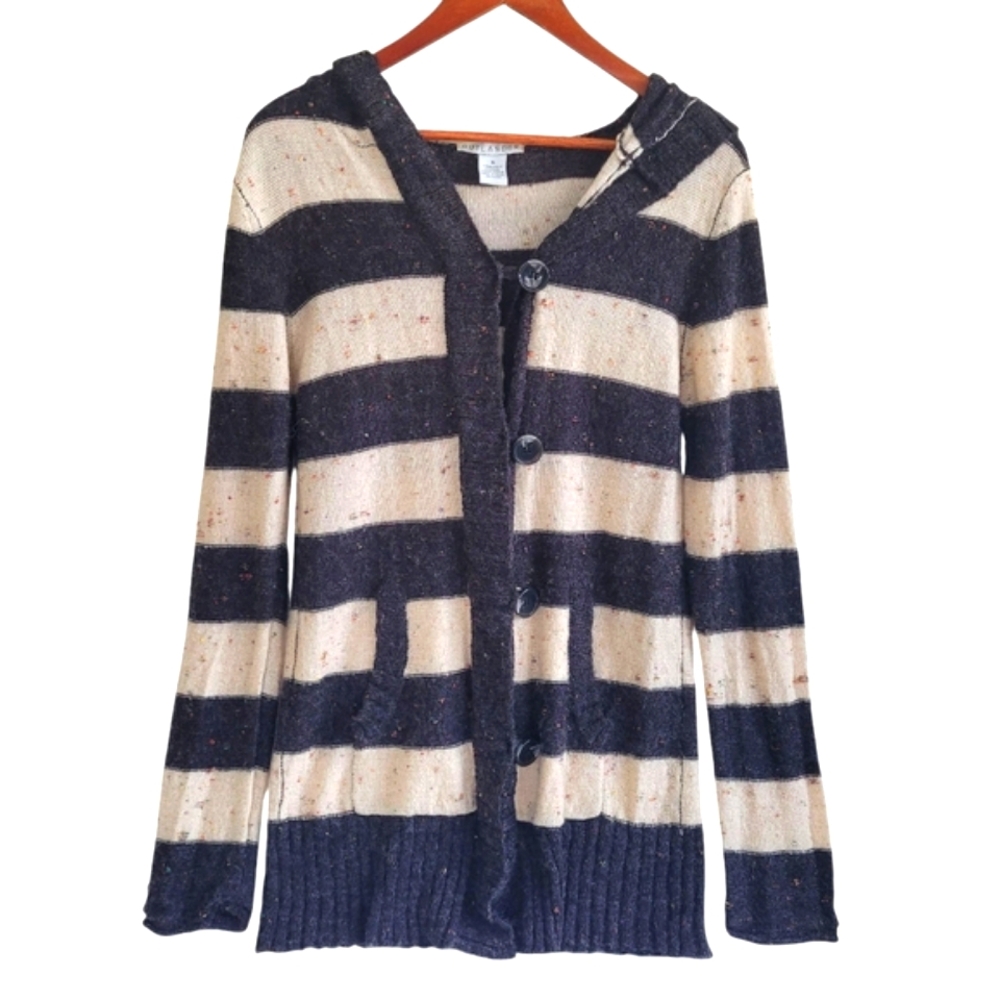 Outlander Striped Cardigan Hooded Sweater Gray Cream Womens Medium